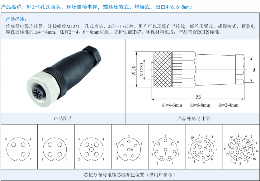 M12现场接线式孔型直头连接器(塑料款)产品详细参数以及尺寸图
