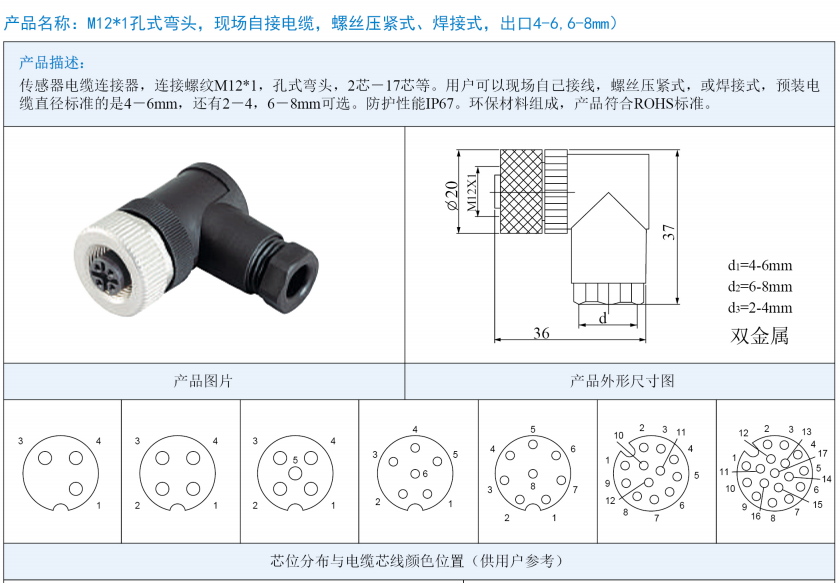 M12孔型现场接线式弯头连接器（塑料款）产品尺寸图
